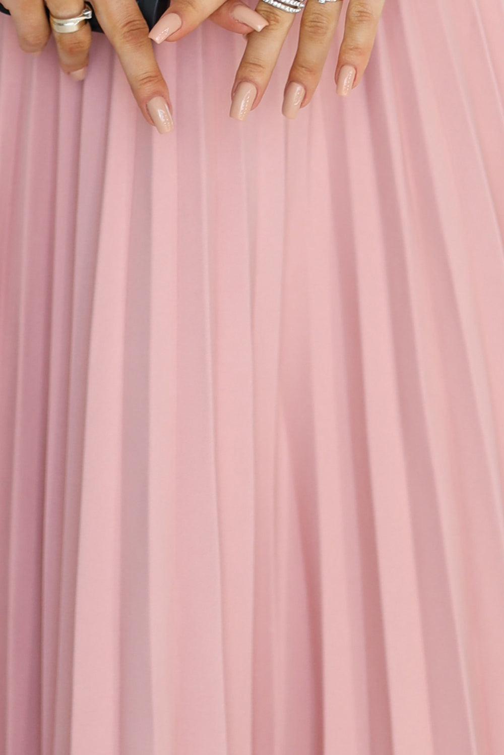 Blush pink pleated midi dress, perfect for weddings or evening parties