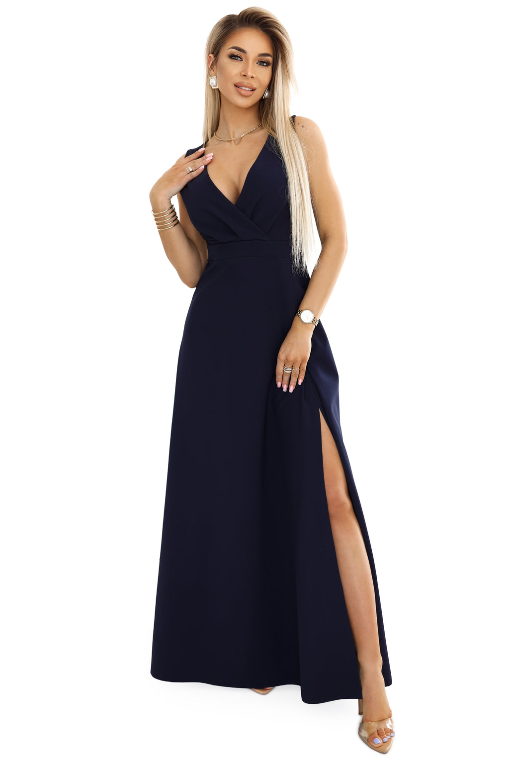 Navy blue elegant maxi dress with wrap neckline