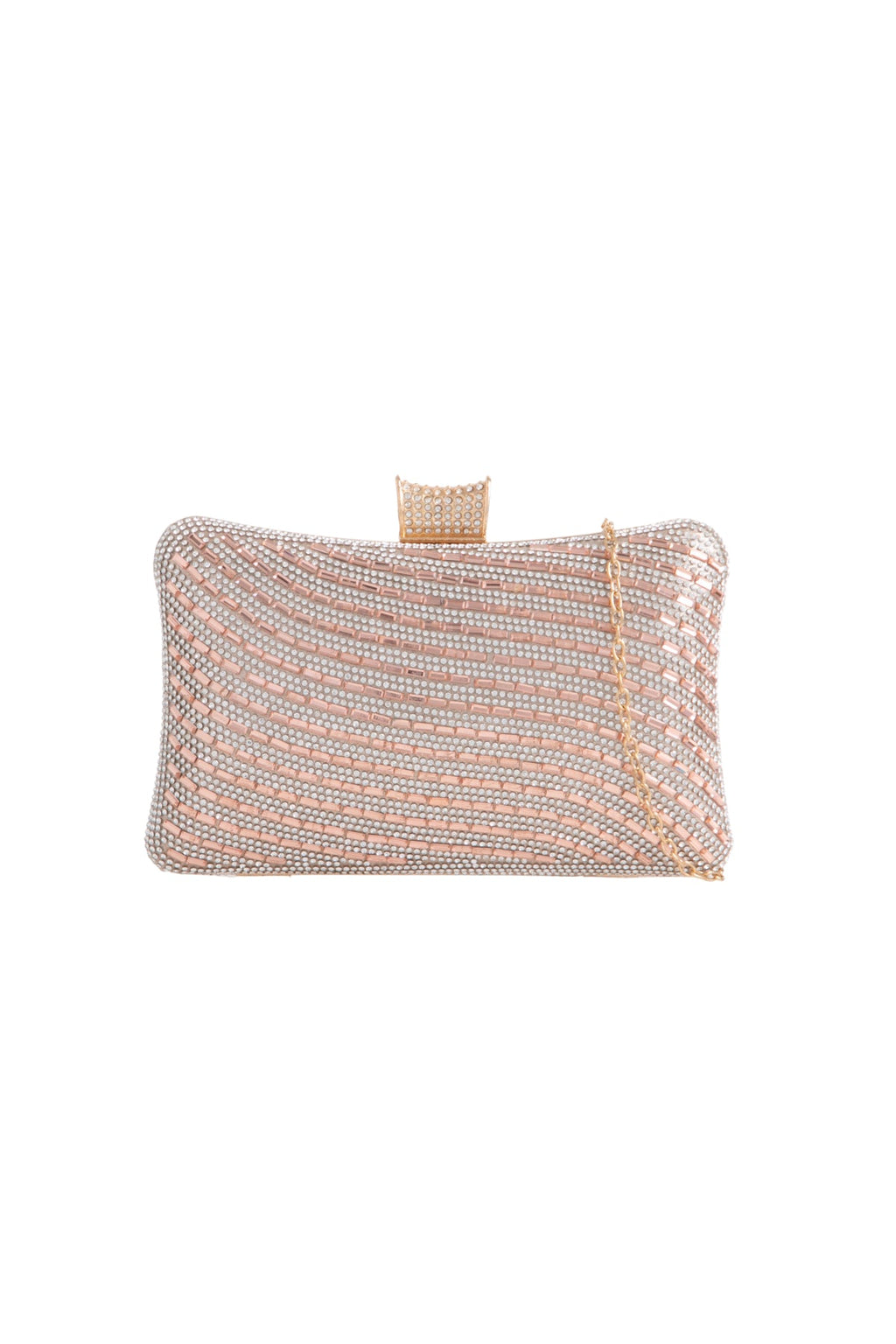 Gold rhinestone clutch bag with glitter wave design and chain strap – glamorous evening handbag for wedding, party and prom